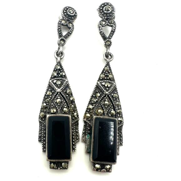 Sterling Jewelry - Art Deco Revival sterling silver genuine black onyx marcasite post drop earrings